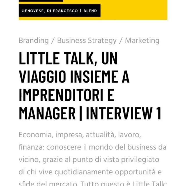 🗣 Oggi esce LITTLE TALK, la nostra nuova rubrica sul mondo del business con tante interviste a imprenditori e manager

🔎 Una lente d’ingrandimento sulla nostra economia che vi porterà all’interno delle aziende italiane 

📰 Leggi subito l’articolo 

💡Non perdere la prossima intervista in uscita il 03/03!

#littletalk 
#lancio 
#launch